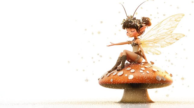 Cute Fairy Sitting on a Mushroom with Sparkling Gold Dust