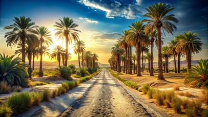 Obraz premium Sun-drenched Palm Tree Avenue Leading to a Horizon of Promise