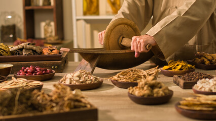A traditional medicinal practitioner grinds herbs with a traditional mill. A sample photo for a traditional laboratory depicts a table with several sorts of dried herbs used in traditional medicine.