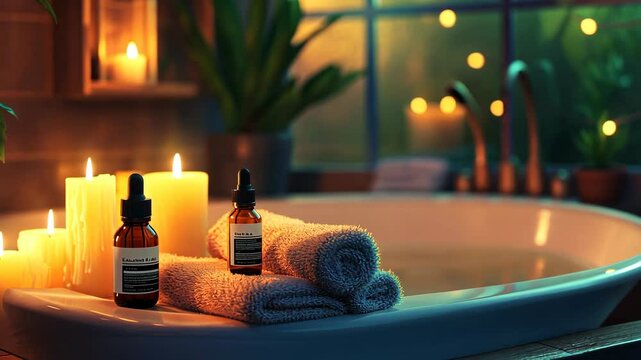 A relaxing bath awaits, complete with candles, towels, and essential oils, all set in a warm and inviting bathroom