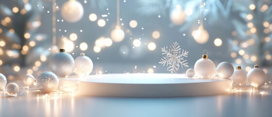 Create a Christmas-themed minimal podium background for branding and product presentation, featuring 3D-rendered elements like snowflakes, festive lights, and a touch of holiday sparkle 