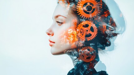 A creative blend of technology and humanity, showcasing a woman's profile with gears symbolizing innovation and thought.