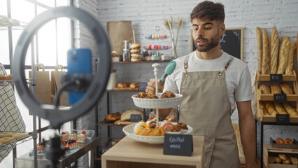 Young man recording video in bakery with smartphone showcasing pastries and bread while wearing apron