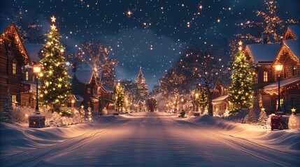 A beautiful Christmas trees, at night time Christmas city, with a Christmas trees and snow covered buildings warm lights with a dark night sky, with a stars showing.