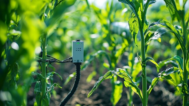 A close-up of sensors attached to crops, collecting data on growth conditions and sending it to a central system