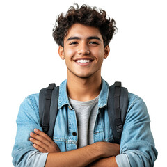 Smiling young Latin student with backpack, isolated on transparent cutout background