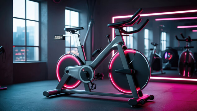 advanced indoor cycling machine featuring illuminated red accents on its wheel