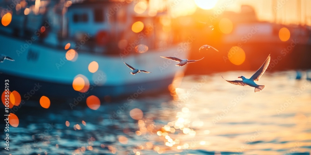 Sticker A serene sunset on the water. Boats float gently as birds fly overhead. The scene captures warmth and tranquility, perfect for relaxation. Ideal for nature lovers. AI