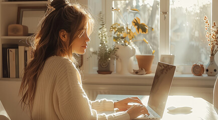 A businesswoman sitting at a beige home office desk, typing on her laptop.