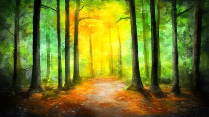 Fototapeta premium Watercolor Painting of Forest Path with Sunbeams