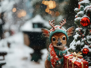 Adorable Baby Fawn in Festive Hat and Scarf by Snowy Tree