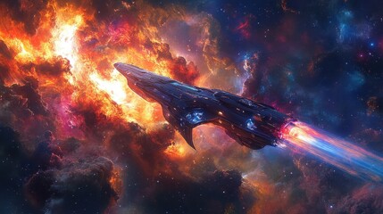 Futuristic Spacecraft in Fiery Cosmic Explosion