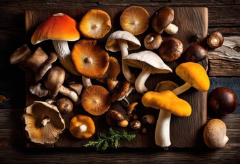 colorful assortment fresh mushrooms arranged artfully weathered wooden cutting board creating rustic culinary scene, medley, fungi, variety, gourmet