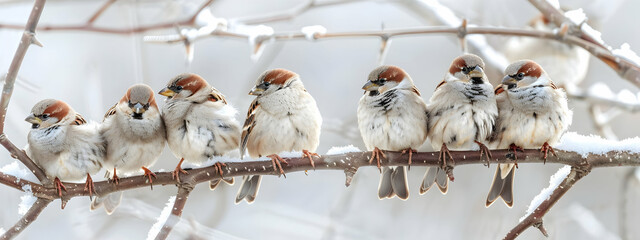 A group of small birds sitting on a branch in winter. A cute sparrow with brown feathers is among them, all standing and looking at the camera