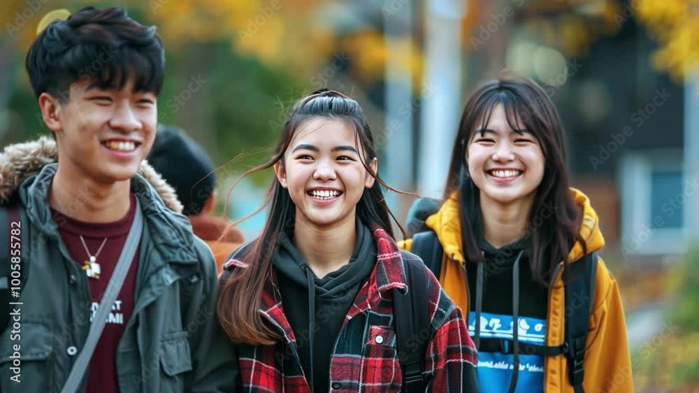 Aufkleber a group of three students walks along a path in an autumn park, smiling and laughing together. their