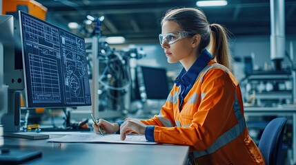 A female engineer wearing safety glasses analyzes data on a computer screen in a modern industrial setting.