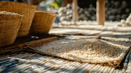 A close-up of freshly harvested rice grains being dried in the sun on a large mat, with baskets nearby