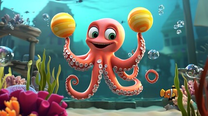 Cute Cartoon Octopus Playing with Balls Underwater