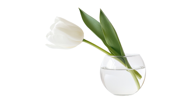 white tulip in a glass vase on a transparent background