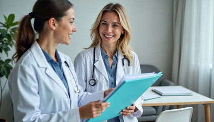 Fototapeta premium Women, doctor and smile with patient on file with results, report and feedback on health progress at clinic. People, medical professional and happy with folder for good news and healing on diagnosis