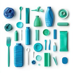 Fototapeta premium A flat lay of various blue and green plastic objects arranged creatively, showcasing modern design and vibrant colors.