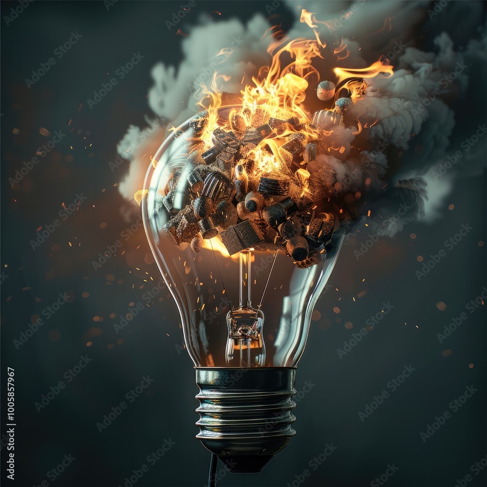 Poster Light bulb. Burning garbage inside the bulb.