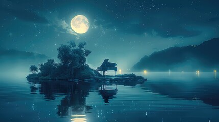 Fototapeta premium Night, starry night sky, crescent moon, moonlight, a grand piano on a glowing island, calm water reflection, piano emitting ethereal white light.