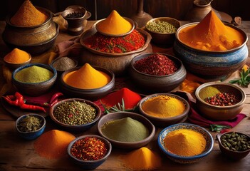 Fototapeta premium vibrant display spices colorful dishes captured studio setting highlighting brilliant hues textures, aroma, bright, craft, cuisine, edible, feast, fresh