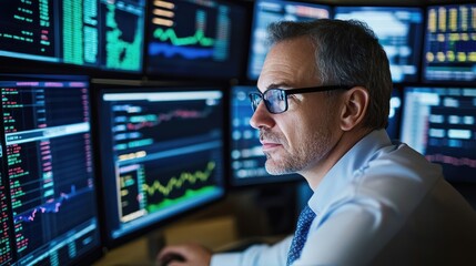 A focused professional analyzing data on multiple screens in a modern trading environment, showcasing finance and technology interaction.