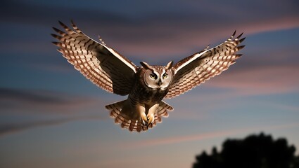 Fototapeta premium Majestic Owl in Flight captures the awe-inspiring beauty of a majestic owl soaring through the dusky twilight sky.