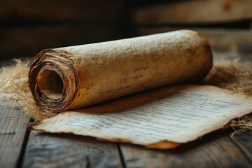 Ancient Scroll on Rustic Wooden Background