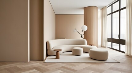 Modern living room interior with a blank wall modern furniture and big size window