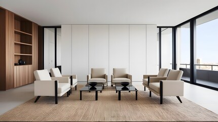 Modern living room interior with modern sofa bookself and big size window
