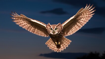 Majestic Owl in Flight captures the awe-inspiring beauty of a majestic owl soaring through the dusky twilight sky.