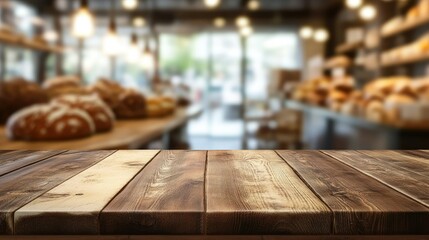 Wooden board table with a blurred background of a bakery, perfect for placing products or food-related content in a warm, inviting shop setting.