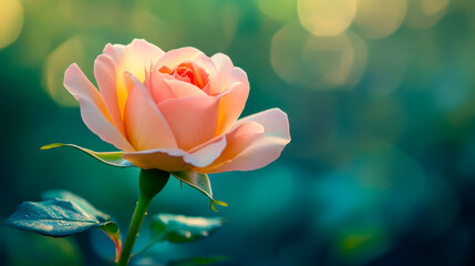 A single pink rose is the main focus of the image. The rose is surrounded by green leaves, and the overall scene has a serene and peaceful atmosphere