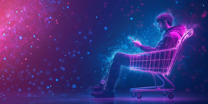 Shiny shopping cart with a neon hologram man browsing on Cyber Monday - Powered by Adobe
