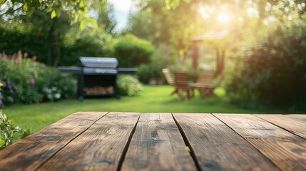 Wooden table ready for food, with a blurred BBQ grill and lush backyard behind it. The perfect setting for a summer gathering or outdoor feast.
