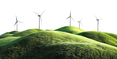 Renewable energy windmills on hilly landscape, isolated on transparent cutout background