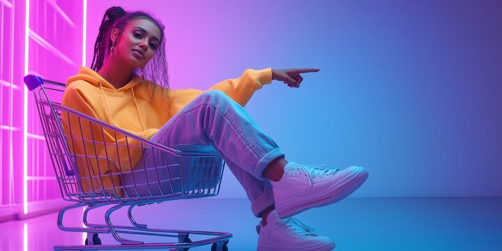 Trendy woman sitting in a neon-lit shopping cart for a Cyber Monday sale