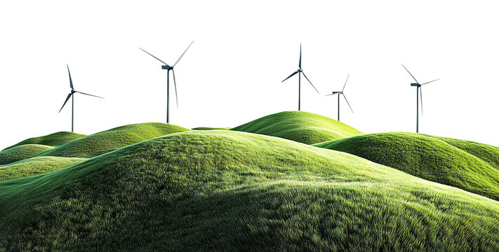 Renewable energy windmills on hilly landscape, isolated on transparent cutout background
