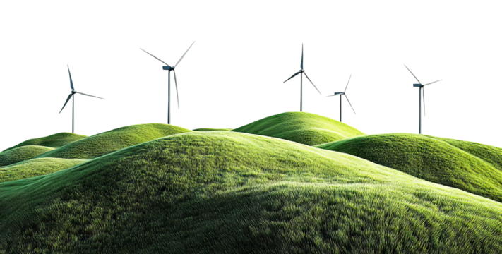 Renewable energy windmills on hilly landscape, isolated on transparent cutout background