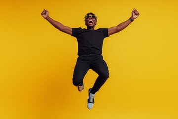 Obraz premium Full-body photo of excited young man jumping for Black Friday sale