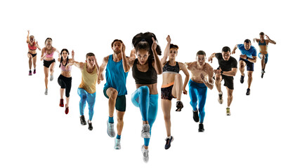 Obraz premium Muscular and athletic men and women, runners in motion, taking part in marathon isolated on white background. Creative collage. Concept of sport, active lifestyle, dynamics. Banner