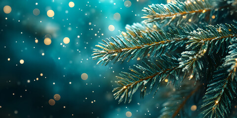 Snowy Pine Branch with Soft Glowing Lights