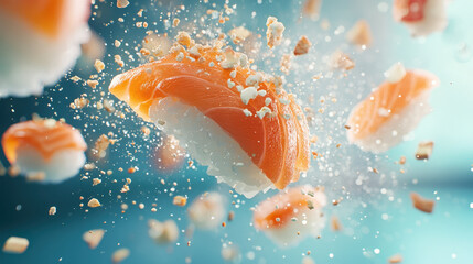 Joyful burst of sushi with vibrant salmon and wasabi, creating energetic and dynamic scene filled with flavor and excitement