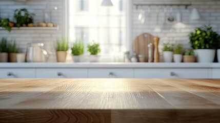Wooden table top in focus, with a clean, white kitchen interior blurred in the background. Soft bokeh lighting adds depth for product or dining displays.