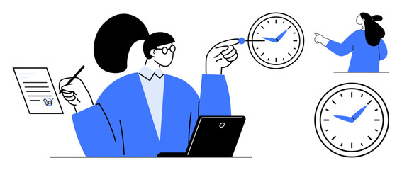 Person working on laptop while pointing at clock, holding document. Ideal for time management, productivity, remote work, planning, project management. Clean modern style