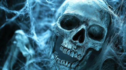 detailed human skull surrounded by cobwebs creates haunting atmosphere, perfect for Halloween or spooky themes. eerie blue lighting enhances chilling effect