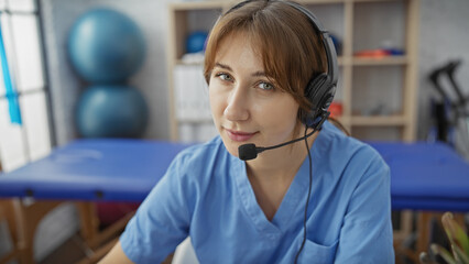 A young caucasian woman in a blue scrubs wearing a headset sits in a physiotherapy clinic room,...